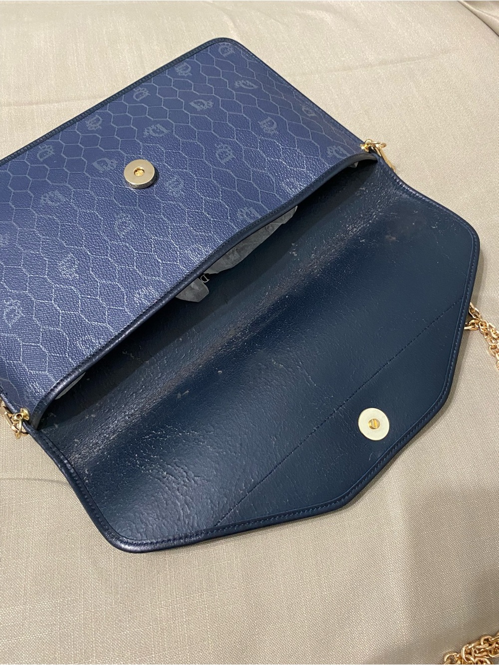 Vintage DIOR Oversized Clutch Bag Wallet Navy Honeycomb Chain Added - Picture 12 of 16